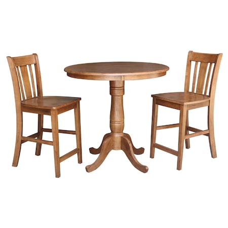 International Concepts Round 36 in Rd Ped Gathering Ht Table, 2 San Remo Stools, Distressed Oak, 36 in W, 36 in L, 35.1 in H K42-36RT-6B-S102-2